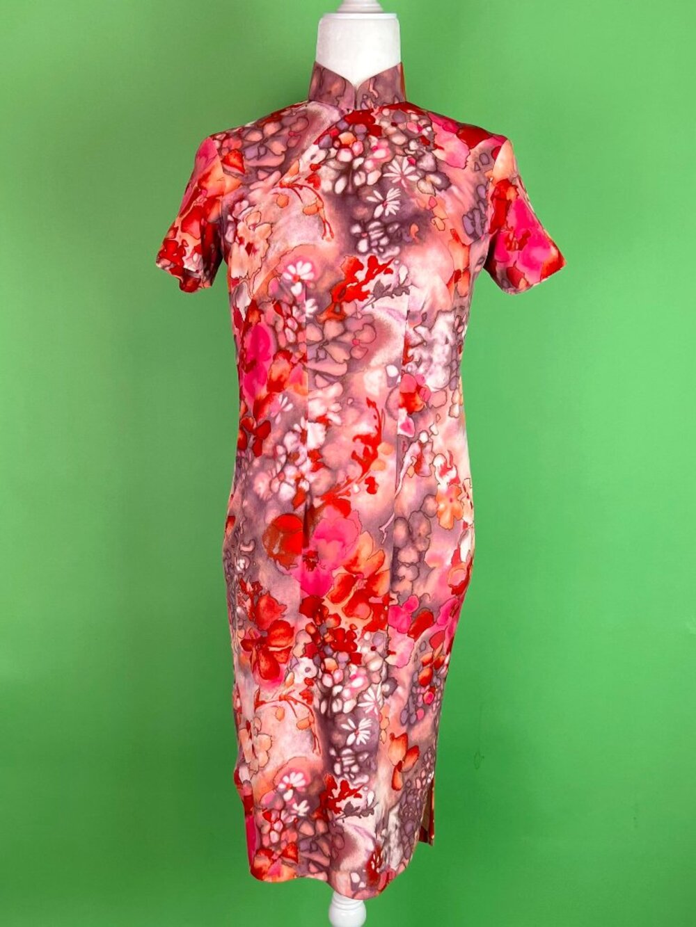 Vintage Pink Red Floral Cheongsam Qipao Mandarin Collar Dress Size XS/S